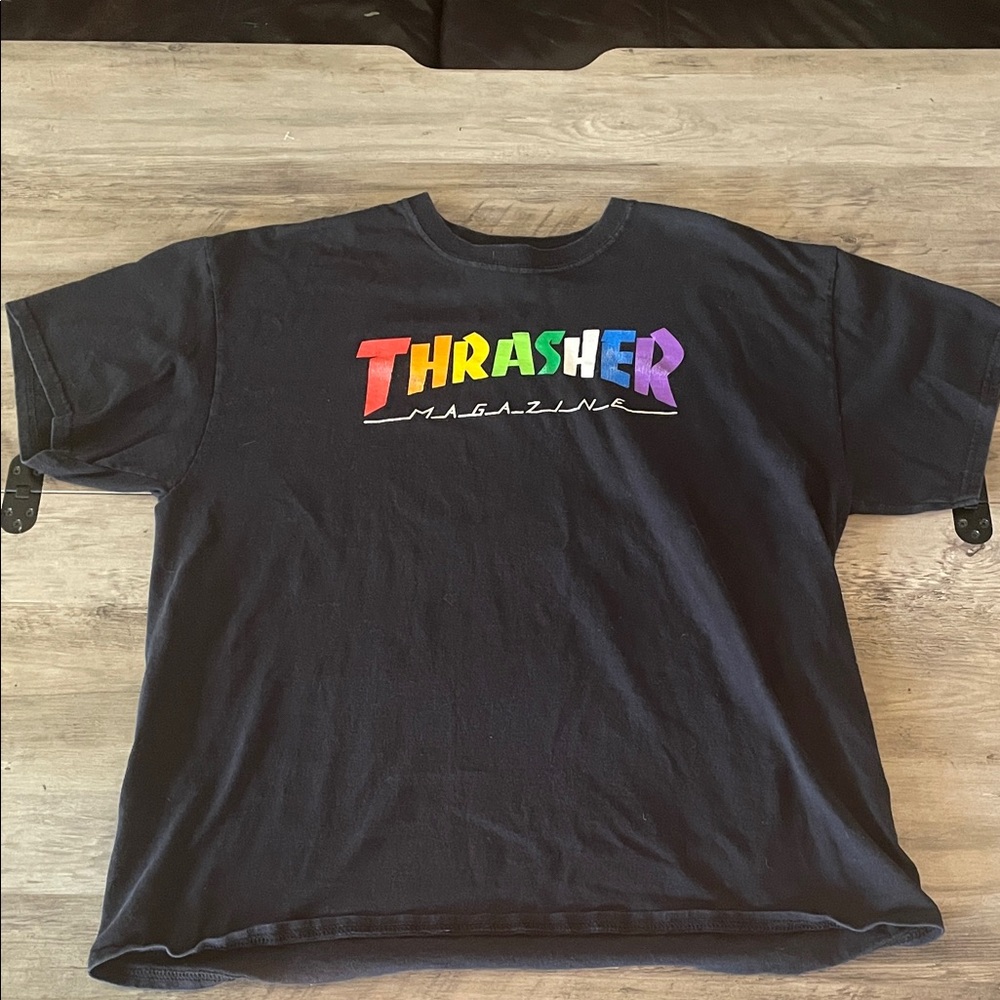 Thrasher Black Tee with Rainbow Logo